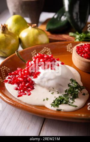 Chiles en Nogada, plat typique du Mexique. Préparé avec du piment poblano farci de viande et de fruits et recouvert d'une sauce aux noix. Nommé comme le qui Banque D'Images