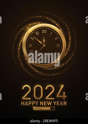 New Year 2024 Countdown Clock montre le nouvel an 2024 chargement avec une montre en or métallique et des paillettes Banque D'Images