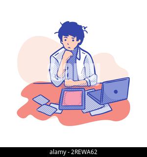 Illustration d'un jeune homme assis à son bureau et travaillant sur son ordinateur portable Illustration de Vecteur