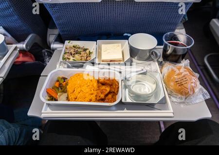 Repas asiatique servi en avion à bord composé de riz et de poulet épicé, hors-d'œuvre, dessert, pain et vin rouge Banque D'Images