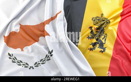 Drapeaux volants de Chypre et de Belgique (avec armoiries). Rendu 3D. Banque D'Images
