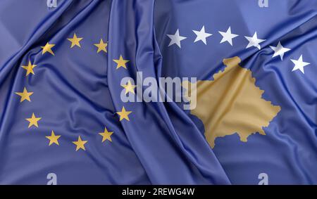 Drapeaux volants de l'Union européenne et du Kosovo. Rendu 3D. Banque D'Images