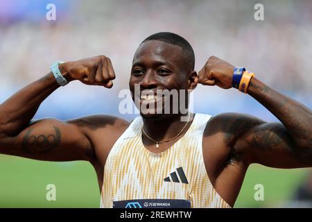 Grant HOLLOWAY (États-Unis d'Amérique) célébrant la victoire dans la finale du 110 m haies masculin au 2023, IAAF Diamond League, Queen Elizabeth Olympic Park, Stratford, Londres, Royaume-Uni. Banque D'Images