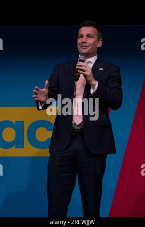 PALMERSTON NORTH, Nouvelle-Zélande - 30 juillet 2023 : David Seymour, le leader de L'ACT New Zealand, prend la parole lors d'un rassemblement politique à Palmerston North. La Nouvelle-Zélande se rend aux urnes en octobre et ACT New Zealand devrait être le faiseur de rois dans tout gouvernement formé après les élections. Photo : Giordano Stolley Banque D'Images