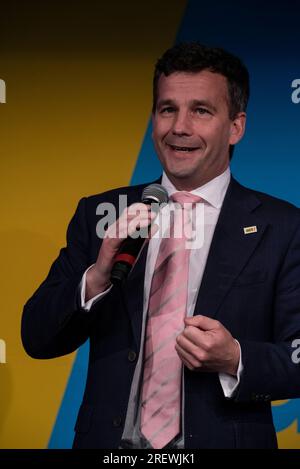 PALMERSTON NORTH, Nouvelle-Zélande - 30 juillet 2023 : David Seymour, le leader de L'ACT New Zealand, prend la parole lors d'un rassemblement politique à Palmerston North. La Nouvelle-Zélande se rend aux urnes en octobre. Photo : Giordano Stolley Banque D'Images