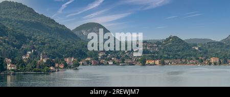 Vue panoramique sur Porto Ceresio, Italie et le lac de Lugano depuis Morcote, Suisse Banque D'Images