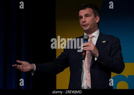 PALMERSTON NORTH, Nouvelle-Zélande - 30 juillet 2023 : David Seymour, le leader de L'ACT New Zealand, prend la parole lors d'un rassemblement politique à Palmerston North. La Nouvelle-Zélande se rend aux urnes en octobre. Photo : Giordano Stolley Banque D'Images