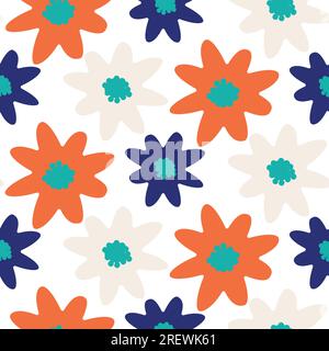 Fleurs rouges et bleues audacieuses sur motif sans couture abstrait de printemps blanc. Illustration de Vecteur