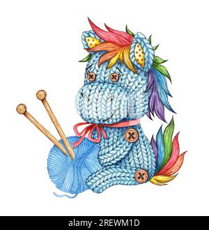 Illustration à l'aquarelle d'un motif de poney bleu tricoté, d'une boule de fil et d'aiguilles à tricoter. Amour pour le tricot, la créativité, l'aiguille, logo, bannière Banque D'Images