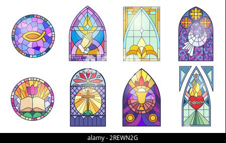 Fenêtres en mosaïque de l'illustration vectorielle de l'ensemble de l'église. Dessins animés isolés des cadres d'arc gothique médiéval avec des motifs abstraits religieux chrétiens, collection de vitraux colorés de vieille chapelle Illustration de Vecteur