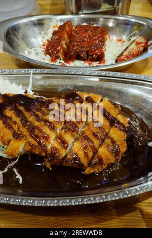 Juillet 2023, Une assiette de riz au curry japonais avec côtelette de porc panée frite (tonkatsu) et une assiette de hamburger japonais (hambagu) en arrière-plan Banque D'Images