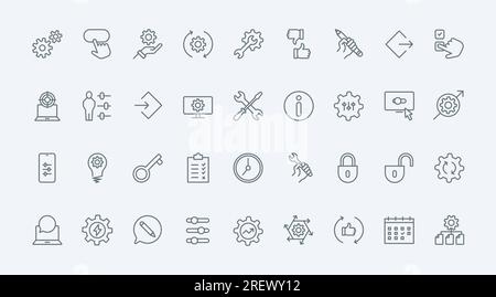 Contrôle et gestion des icônes de ligne de productivité du système définir l'illustration vectorielle. Décrire les engrenages et les roues dentées du moteur de la machine, les outils de réparation et d'entretien pour la modification et la configuration Illustration de Vecteur