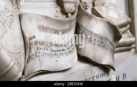 Partition musicale à défilement sculpté Marble grave Headstone avec l'inscription des mots d'ouverture du Psaume 22 en araméen, Abbaye de Bath, Bath UK Banque D'Images