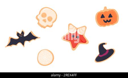 Stickers clipart, bonbons Halloween, biscuits, citrouille, satan, chauve-souris, toile d'araignée. Illustration vectorielle Illustration de Vecteur