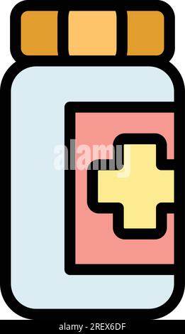 Vecteur de contour d'icône de pot de pilules en plastique. Pilule médicamenteuse. Couleur de prescription de pharmacie plat Illustration de Vecteur