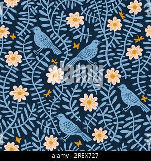 Motif floral Seamless d'oiseaux en fleurs dans des couleurs bleues avec quelques détails jaunes. Fond de papier peint pour textiles, papiers, impressions, arrière-plans de mode, conception de paquet Illustration de Vecteur