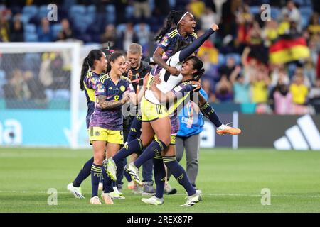 Les joueurs colombiens célèbrent la défaite, l'Allemagne. , . Match entre les femmes allemandes et colombiennes au stade Allianz, Sydney, Australie le 30 juillet 2023. Photo de Peter Dovgan. Usage éditorial uniquement, licence requise pour un usage commercial. Aucune utilisation dans les Paris, les jeux ou les publications d'un seul club/ligue/joueur. Crédit : UK Sports pics Ltd/Alamy Live News Banque D'Images