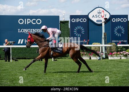 Ascot, Berkshire, Royaume-Uni. 29 juillet 2023. Le cheval Emily Upjohn monté par le jockey Frankie Dettori se dirige vers l'hippodrome pour les King George VI et Queen Elizabeth QIPCO Stakes à l'hippodrome d'Ascot le jour du Roi George. Propriétaire Lloyd Webber, Tactful Finance et S Roden. Entraîneur John & Thady Gosden, Newmarket. Crédit : Maureen McLean/Alamy Live News Banque D'Images