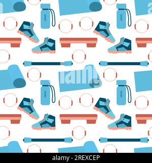 Motif sans couture. Divers équipements sportifs. Appareils de fitness, accessoires de gymnastique. Haltères, bouteille, chaussures, baskets, tapis, Bodybar mode de vie sain Han Illustration de Vecteur