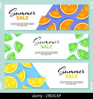 Lot de lettres pour soldes d'été, tranches d'orange, de citron vert et de citron Illustration de Vecteur