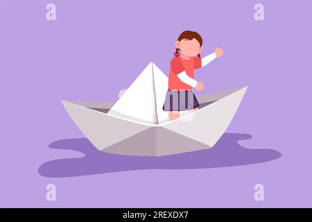 Design plat graphique dessin mignon petite fille naviguant sur un bateau en papier. Heureux jolis enfants s'amusant et jouant au marin dans le monde imaginaire. Enfants Playi Banque D'Images