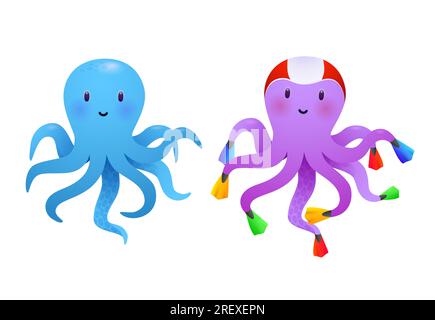 Jeu de poulpes de dessins animés. Poulpe bleu et violet Illustration de Vecteur