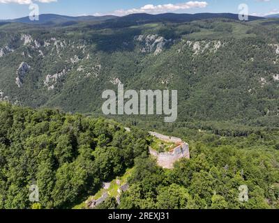 Vue aérienne des ruines du château de Muran au-dessus du village de Muran en Slovaquie Banque D'Images