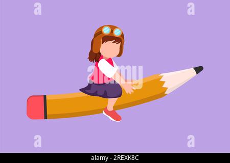 Personnage plat dessin heureuse petite fille assise sur un crayon volant, préparez-vous à étudier. Enfant intelligent chevauchant sur la papeterie d'écriture. Retour à l'école, CRE Banque D'Images