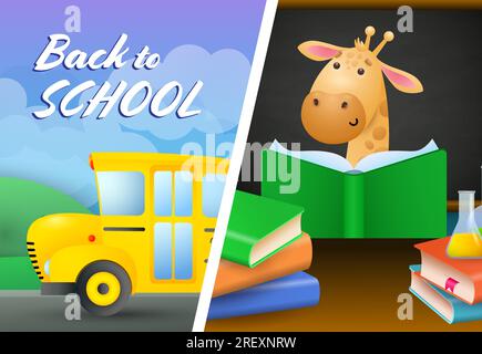 Lettrage de retour à l'école, bus scolaire, livre de lecture de girafe Illustration de Vecteur