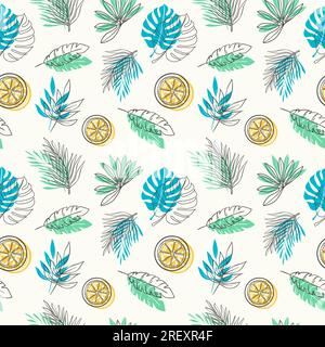 Motif d'été dessiné à la main avec des feuilles tropicales et des citrons Illustration de Vecteur