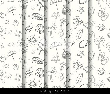 Collection de motifs d'été dessinés à la main avec des éléments d'été Illustration de Vecteur