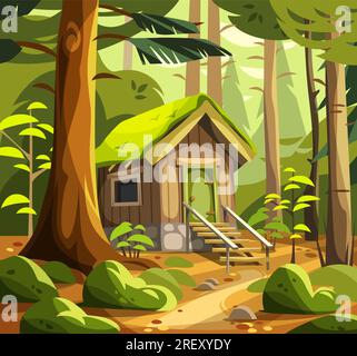 Cabane en bois dans une forêt verdoyante. Illustration vectorielle de dessin animé Illustration de Vecteur
