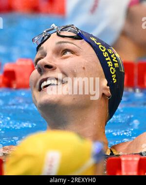 Fukuoka, Japon. 30 juillet 2023. Sarah Sjoestroem, de Suède, réagit après la finale féminine du 50m nage libre aux Championnats du monde aquatiques à Fukuoka, au Japon, le 30 juillet 2023. Crédit : Xia Yifang/Xinhua/Alamy Live News Banque D'Images