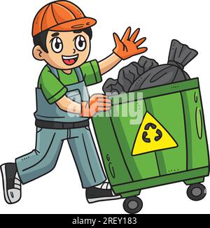 Garbage Man Collecting Bin Cartoon Colored Clipart Illustration de Vecteur