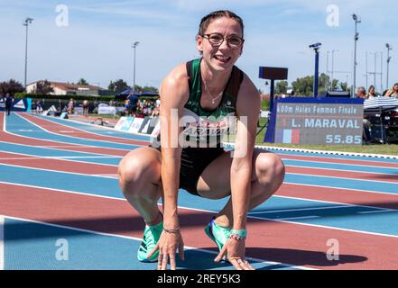 Albi, France. 30 juillet 2023. Louise Maraval, championne de France du 400 m haies lors du Championnat de France d'athlétisme 2023 à Albi, France, le 30 juillet 2023. Photo d'Arnaud Bertrand/ ABACAPRESS.COM crédit : Abaca Press/Alamy Live News Banque D'Images