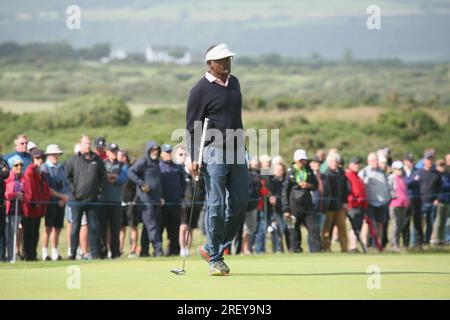 Golf The Seniors Open Royal Porthcawl GC Bridgend UK , pays de Galles 2023, les légendes du golf, à jouer dans le vent et la pluie, Links Golf à son plus cruel, Banque D'Images