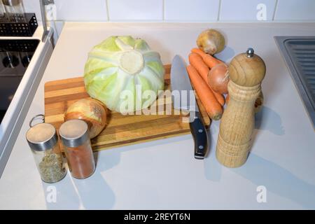 Légumes à couper sur une planche à découper. Chou, carottes, oignons. Avant de commencer la préparation Banque D'Images