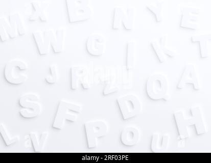 Alphabet blanc propre sur fond blanc avec lumière et ombre ou effet 3D. Arrière-plan plein cadre haute résolution abstrait. Banque D'Images