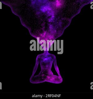 Univers violet étoilé sous la forme d'une femme dans le lotus pose sur un fond noir Banque D'Images