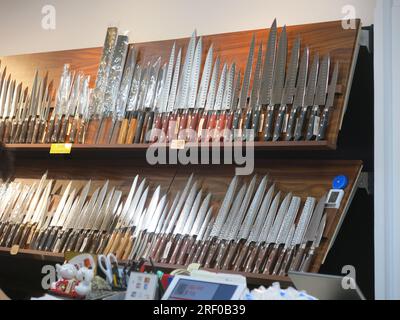 Couteaux de cuisine japonais spécialisés exposés dans un magasin d'ustensiles de cuisine sur Kappabashi Dori à Asakusa, également connue sous le nom de rue de la cuisine de Tokyo. Banque D'Images