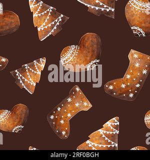 Motif de Noël aquarelle sans coutures avec biscuits croustillants au pain d'épice et glaçage. Nouvelle année peinture de main isolée sur fond blanc. Pour les concepteurs, Banque D'Images