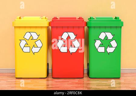 Ensemble de poubelles de recyclage colorées dans la chambre. Rendu 3D. Banque D'Images