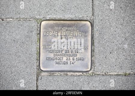 Hambourg, Allemagne. Plaque en laiton à un homme juif assassiné en 1940 au centre de meurtre de Brandebourg, établi par les nazis pour assassiner des patients handicapés Banque D'Images