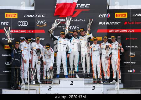 Nuerburg, Allemagne. 30 juillet 2023. Podium général, Raffaele Marciello, Timur Boguslavskiy, Jules Gounon, AKKODIS ASP Team Mercedes-AMG GT3 EVO, 2 #777, Pro Cup Maro Engel, Luca Stolz, Fabian Schiller, Mercedes-AMG Team AlManar Mercedes-AMG GT3 EVO, #40 Pro Cup Ricardo Feller, Mattia Drudi, Dennis Marschall, Tresor Orange 1 Audi GT3 EVO RMS II Image payante, photo copyright © ATP Geert FRANQUET (FRANQUET Geert /ATP/SPP) crédit : SPP Sport Press photo. /Alamy Live News Banque D'Images