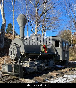 La plaque de ce train se lit comme suit : Vulcan Steam Locomotive – fabriqué par Vulcan Iron Works à Wilkes-barre, Pennsylvanie. Cette petite locomotive à vapeur à selle de 040 est un proche parent du S D Carleton et Joe Shepherd, deux moteurs qui soufflaient et soufflaient sous de lourdes charges de calcaire sur les voies à voie étroite du Rockport Railroad. Le chemin de fer de trois miles de long a été abandonné en 1896, après sept ans d'exploitation entre les fours à chaux de Rockport Harbor et les carrières de Simonton Corner. Il a été donné à la ville de Rockport, Maine, en 1982, par Mme Ambrose C Cramer. La photo da Banque D'Images