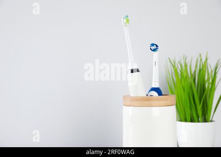 Brosses à dents électriques dans le support et plante d'intérieur verte sur fond clair. Espace pour le texte Banque D'Images