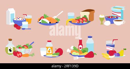 Repas diététiques quotidiens, assiette avec repas végétalien et viande. Petit déjeuner sain, nourriture de jour et boissons pour le déjeuner et le dîner collection de vecteur décent Illustration de Vecteur