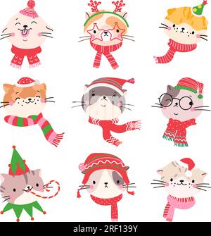 Chats visages de noël dans des tenues de vacances. Avatars de chat dans les chapeaux de père noël et les foulards. Autocollants enfantins de Noël, clipart vectoriel d'animaux drôles d'hiver nowaday Illustration de Vecteur