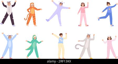 Personnages de fête de pyjama pour jeunes adultes. Adolescents de bande dessinée en costumes et pyjamas, festival de drem ou fête à la maison. Ensemble vectoriel heureux fille et garçon snogly Illustration de Vecteur