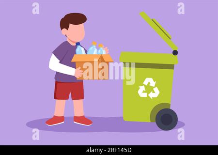 Personnage plat dessin adorable petit garçon recueillant les ordures et les déchets plastiques pour le recyclage. Gamin ramasser des bouteilles en plastique dans les ordures. Récupération des déchets Banque D'Images